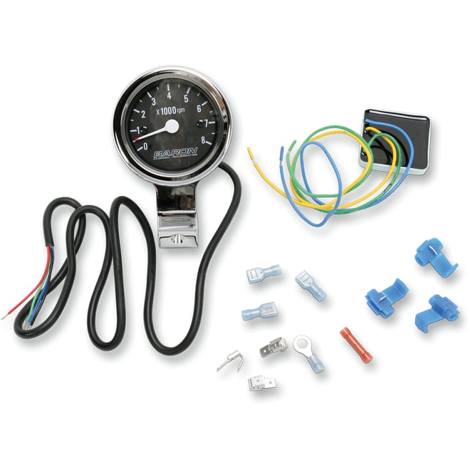 Baron 3" Bullet Electronic Tachometer Fits 1" Bar - Chrome - Black Face - 3.5" L x 2.875" D Baron 3" Bullet Electronic Tachometer Fits 1" Bar - Chrome - Black Face - 3.5" L x 2.875" D