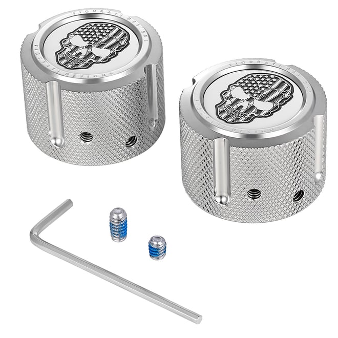 Figurati designs Axle Nut Cover - Front - Stainless Steel - American Flag Skull - Contrast Cut - Silver