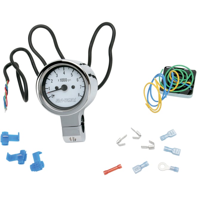 Baron 3" Bullet Electronic Tachometer Fits 1" Bar - Chrome - White Face - 3.5" L x 2.875" D Baron 3" Bullet Electronic Tachometer Fits 1" Bar - Chrome - White Face - 3.5" L x 2.875" D