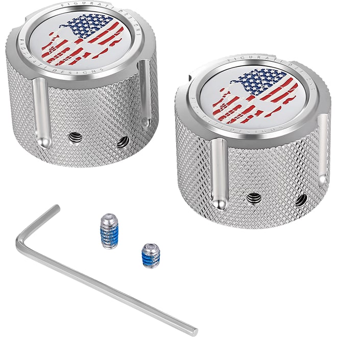 Figurati designs Axle Nut Cover - Front - Stainless Steel - Red/White/Blue Flag Skull - Silver