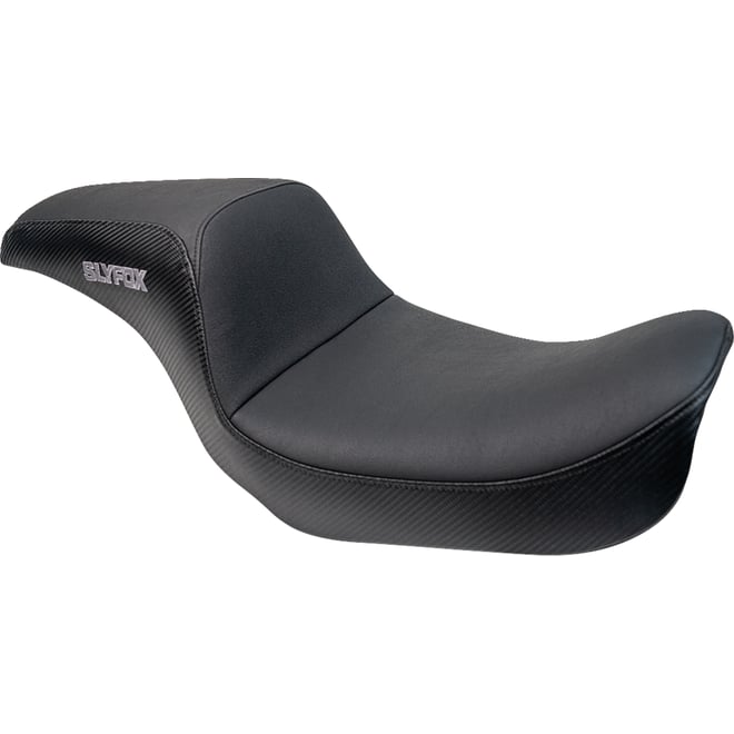 Slyfox Drifter Seat - Gray Logo - Black Vinyl w/ Slipstop - Carbon Fiber - Dyna '96-'03 Slyfox Drifter Seat - Gray Logo - Black Vinyl w/ Slipstop - Carbon Fiber - Dyna '96-'03