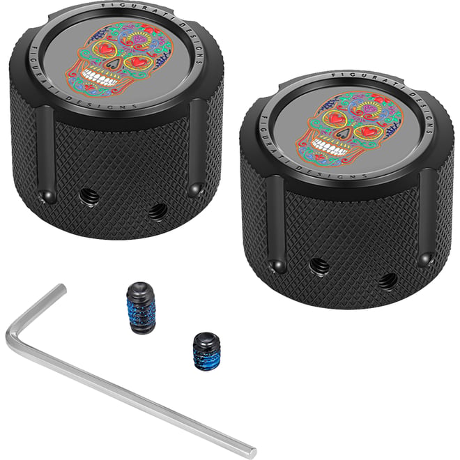 Figurati designs Axle Nut Cover - Front - Stainless Steel - Sugar Skull - Black