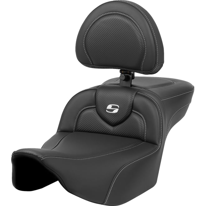 Saddlemen Roadsofa™ Extended Reach Seat - Carbon Fiber - Silver Stitch/Silver Logo - w/ Backrest - FL '23-'24